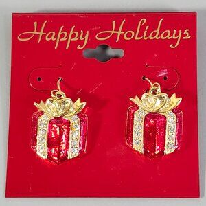 Happy Holidays Christmas Present Box Earrings Rhinestone Wrapped Red Enamel Set